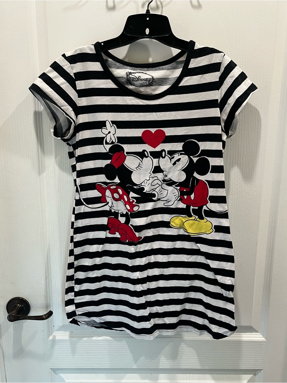 Disney Black & White Striped Mickey and Minnie Graphic Tee with Red Accents